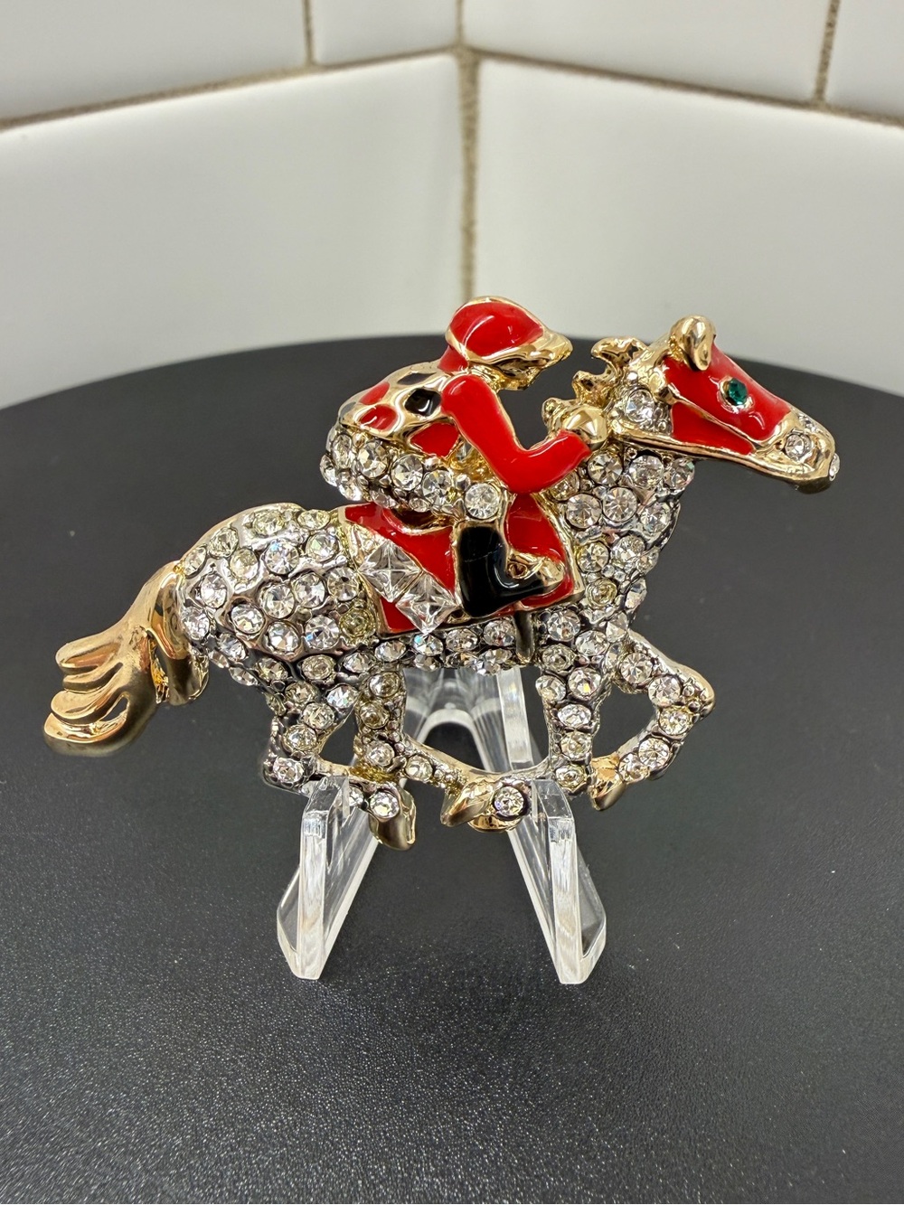 Crystal Equestrian Figurine with Red Enamel Accents